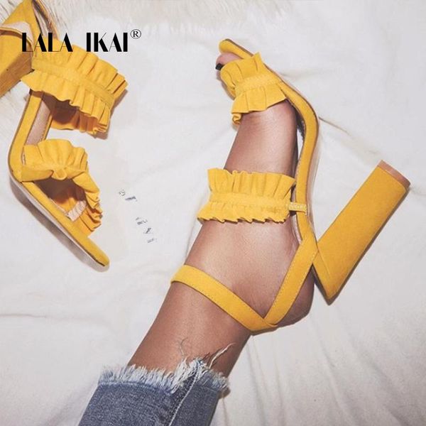 

women ruffles sandals pu square heel solid fashion buckle strap ladies heeled shoes zapatos de mujer 014c1920 -49, Black