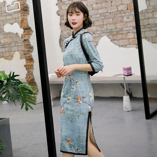 

ethnic clothing long retro modified girl young mid-length cheongsam three-quarter sleeve autumn and winter suede daily self-cultivation, Red