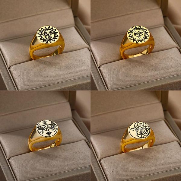 

wedding rings stainless steel sun moon face for women vintage gold finger ring aesthetic halloween jewelry gothic accessories, Slivery;golden