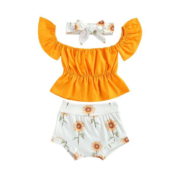 

baby girl summer outfits 3 pcs ,born off shoulder solid color short sleeve t-shirt + flower print shorts bowknot headband clothing sets, White