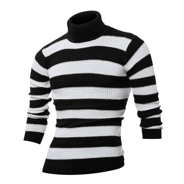 

men's sweaters winter fashion stripe print design large size turtleneck sweater long sleeve contrast casual smk0, White;black