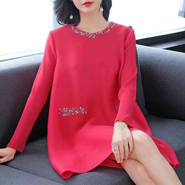 

sanzhai pleated new spring dress 2019 women's fat mm fashion beaded loose mother's a-line skirt, Black;gray