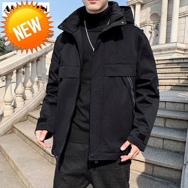

anszktn 2021 autumn and winter new men's hooded casual down jacket thick warm long winter coat men solid clothing, Black