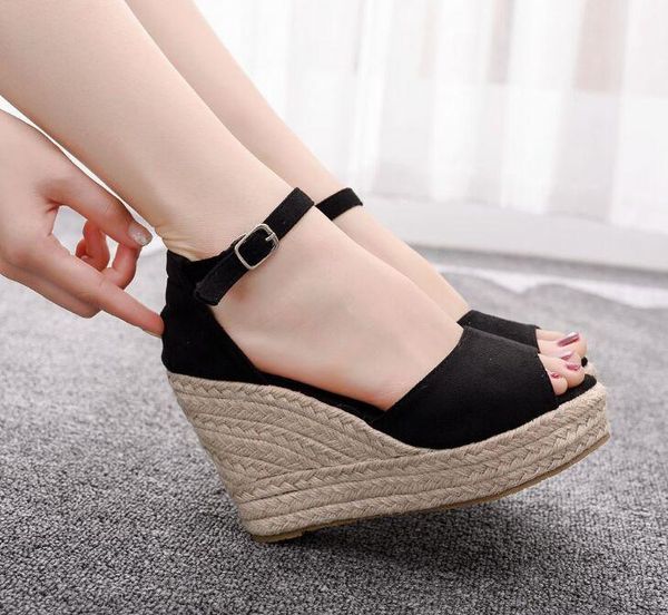 

large size wedges sandals bohemia style womens rope high heel fish mouth small women shoes 32,33,43,44, Black