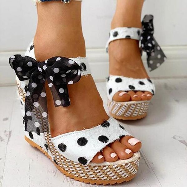 

women outdoor sandals dot bowknot design platform wedge female casual high increas shoes ladies ankle strap open toe, Black