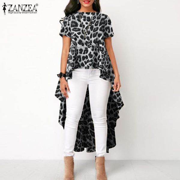 

women's blouses & shirts oversized zanzea women fashion leopard blouse 2021 summer asymmetrical high low casual short sleeve button up, White