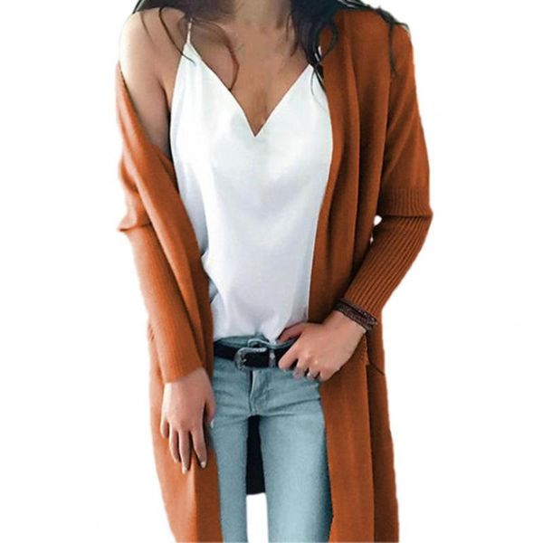 

women's knits & tees 2021 autumn lady office cardigan solid color double pockets winter women long sleeve knitted coat streetwear, White
