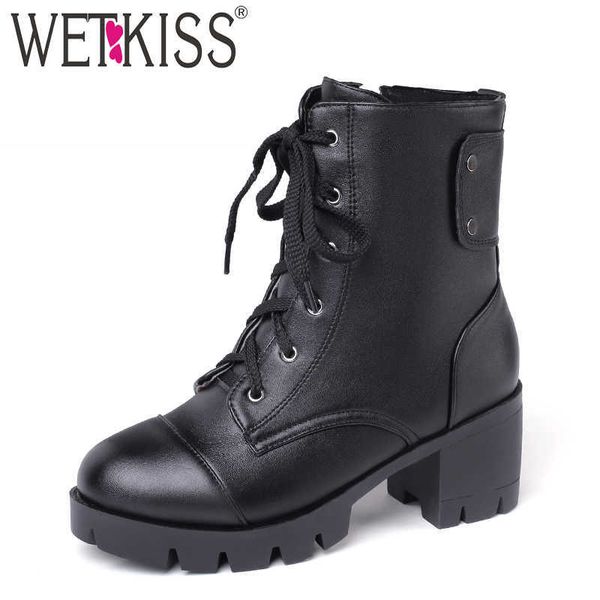 

wetkiss motorcycle ankle boots women army boot winter female high heels shoes ladies round toe lace up shoes women winter 210630, Black
