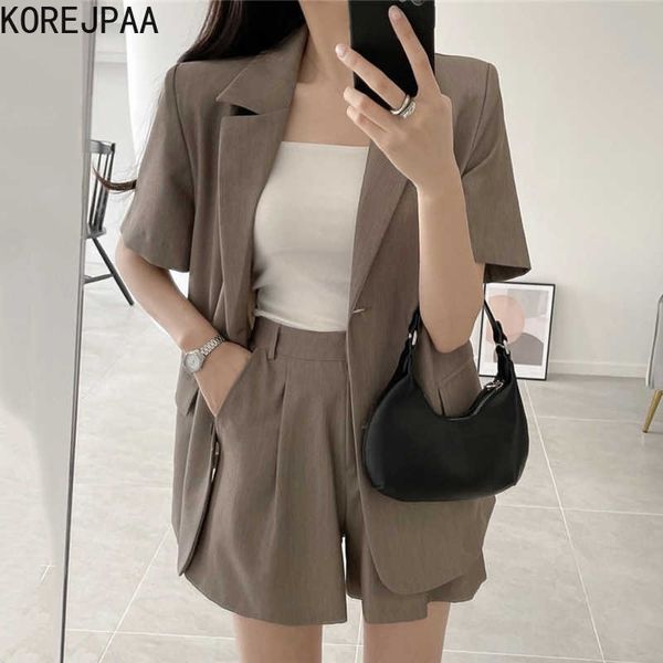 

korejpaa women set summer korean chic french lapel loose two button short-sleeve blazer high-waisted straight wide-leg pant 210526, White