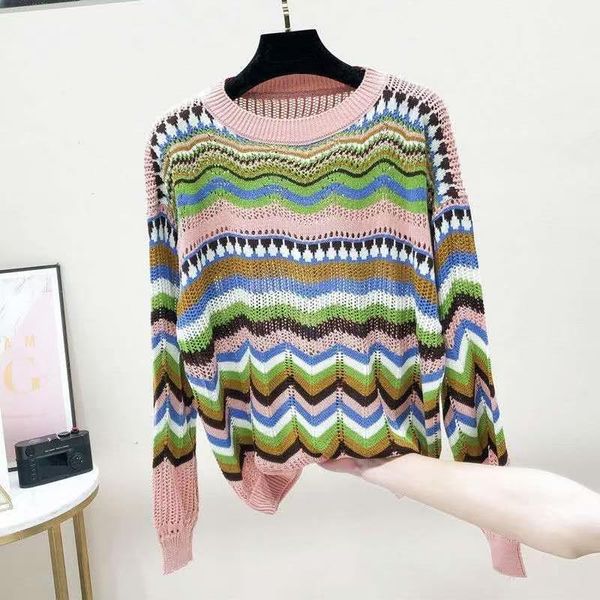 

women's sweaters women striped long sleeve pullover sweater 2021 autumn o-neck korea casual loose pull jumpers femme fall hollow out, White;black