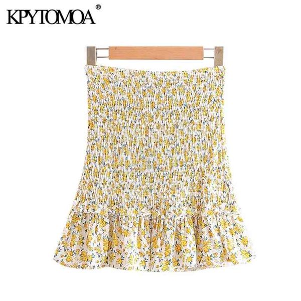 

women sweet fashion floral print ruffled mini skirt high elastic waist smocked female skirts mujer 210420, Black