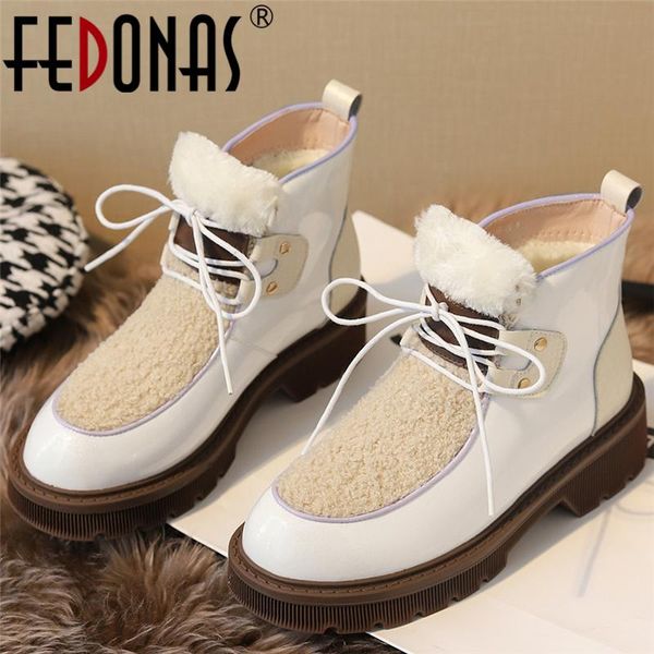 

boots fedonas winter autumn warm plush women ankle snow thick heels casual sweet lace-up patent leather shoes woman est, Black