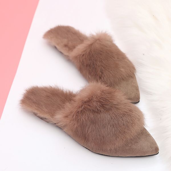 

sandals women's artificial winter fashion slippers, plush warm and lovely mules, leisure flat shoes, fur flip klip, Black