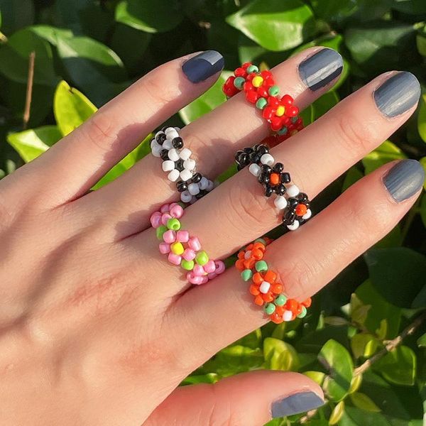 

cluster rings handmade flower bobemia summer colorful beads ring for women kids boho beach jewelry gifts fashion adjustable, Golden;silver