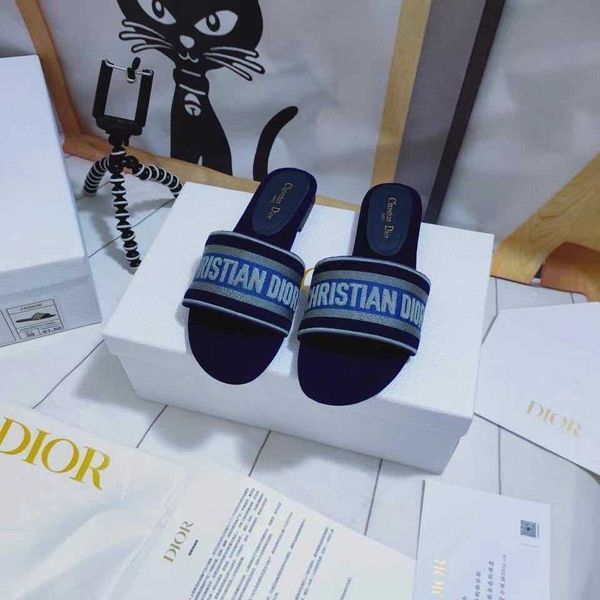 

way early spring flip-flops women's shoes cd letter slipper 3d embroidered flat sandals round toe thick heel jelly strapless slippers, Black
