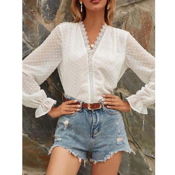 

women's blouses & shirts women girl blouse lantern sleeve casual ruffled v neck plus size chiffon for office, White