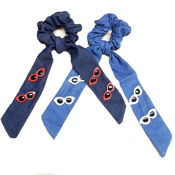 

hair accessories denim loop scrunchie elastic bands solid color women girls ponytail holder with sunglasses accessorie big bow headbands, Slivery;white