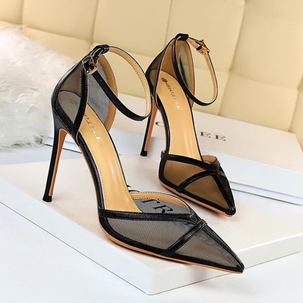 

sandals european and american-style high-heeled shoes thin heeled shallow mouth pointed hollow a- line mesh cutout, Black