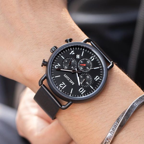 

wristwatches megir watch men military quartz mens watches leather sports wristwatch date clock relogio masculino, Slivery;brown
