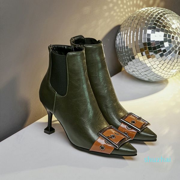 

women heels shoes 2019 new fashion women pointed buckle toe cap shoes black green leather zip/slip-on heel booties