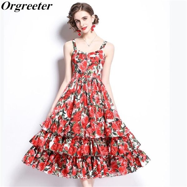 

ball gown dress for women summer spaghetti strap backless rose printted cascading ruffles beach robe femme 210602, Black;gray