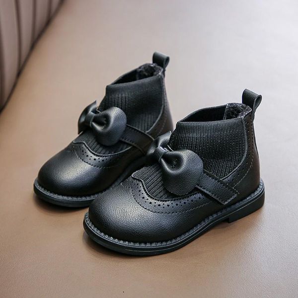 

boots bow kids warm sock ankle knitting for baby girls children' winter shoes snow little 2021 1 2 3 4 5 6 year, Black;grey