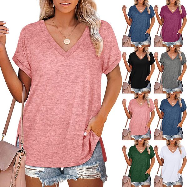 

women's t-shirt tees solid color split v-neck loose short sleeves, White