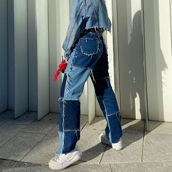 

women's pants & capris high waisted casual women denim jeans long trouses ladies patchwork fashion pocket streetwear y2k style, Black;white