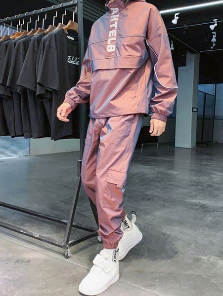 

men letter graphic contrast piping hooded jacket & cargo pants h0dp#, Gray