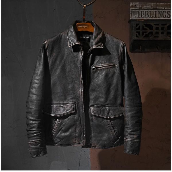 

men's leather & faux yr.brand gray luxury heavy vintage style genuine jacket.men soft 1mm thick quality sheepskin coat.slim, Black