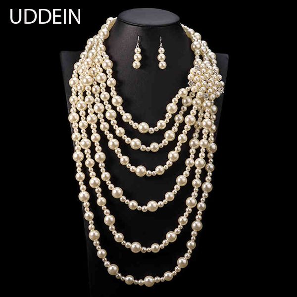 

jewelry sets uddein exaggerate long necklace for women handmade multi layer pearl flower vintage statement african beads set, Black