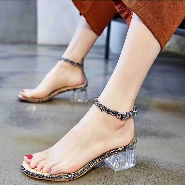 

sandals women transparent ankle strap fashion female clear sandal ladies roman beach sandalias mujer 2021, Black