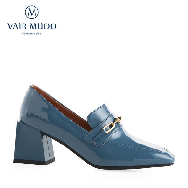 

dress shoes vair mudo basic high heels women pumps thick heel black blue fashion ladies patent leather spring autumn slip-on d165l