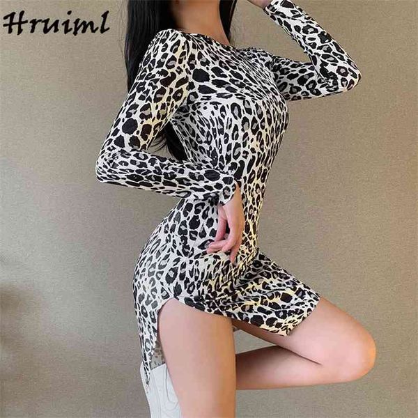 

dresses woman party night skinny fashion for women long sleeve thigh slit leopard mini vestido de mulher 210513, Black;gray