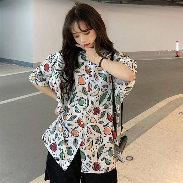 

summer women loose hip-hop streetwear shirt vintage print button down ladies oversized blouse women's blouses & shirts, White