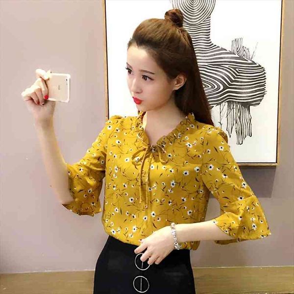 

chiffon spring v neck bell women blouses sleeve blusas ropa de mujer, White