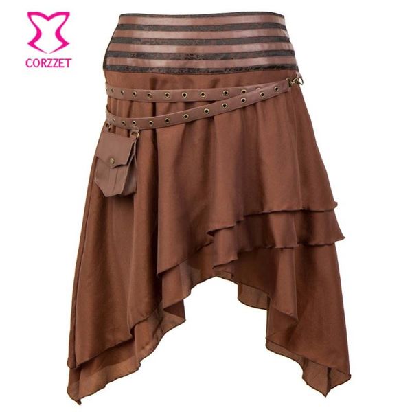 

skirts corzzet victorian brown ruffle slik layered asymmetrical side zipper with pockets bag gothic skrit women vintage steampunk skirt, Black
