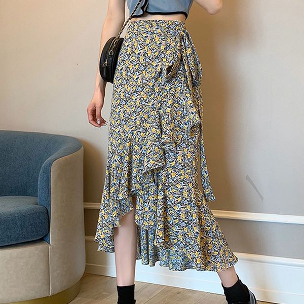 

casual dresses ruffles draw strings wrap floral skirts irregular chiffon long nkyp, Black;gray