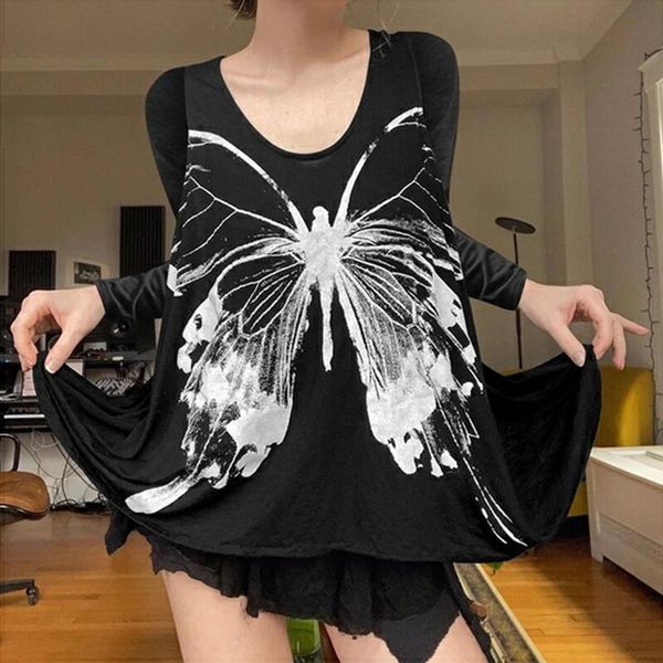 

women's t-shirt hirigin women t-shirts long sleeves o-neck loose ladies harajuku trend shirt fairycore butterfly pattern printing, White