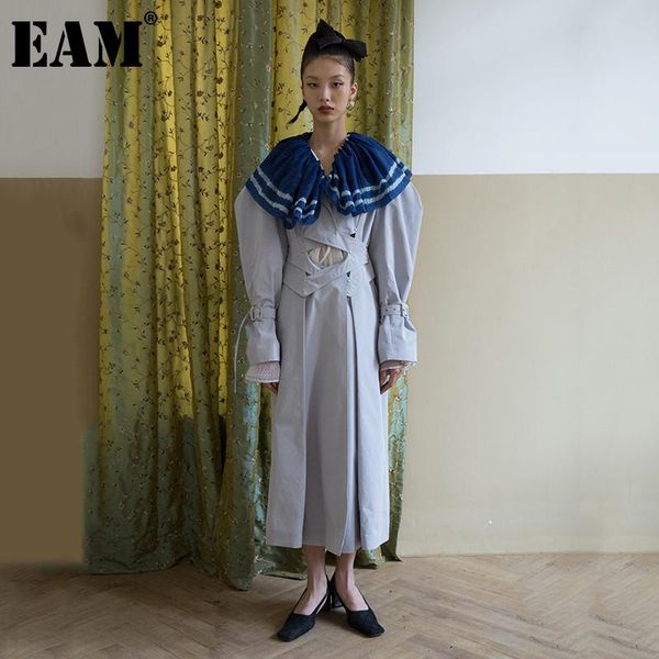 

[eam] women gray brief hollow out long big size trench lapel sleeve loose windbreaker fashion spring autumn 2021 1da934 women's coats, Tan;black