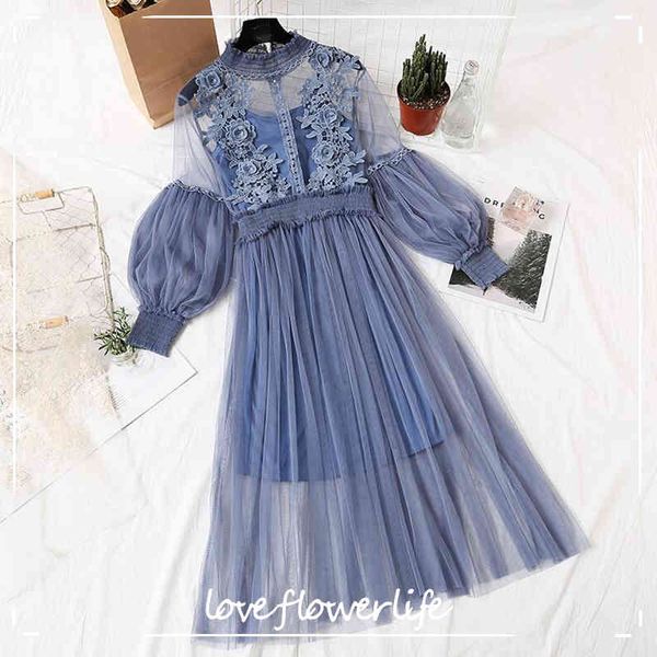 Sommer Spitze Kleid Frauen Süße Blume Mesh Midi Kleid Weibliche Stehkragen Langarm Party Kleider Vestidos Zwei-stück Anzug 210521