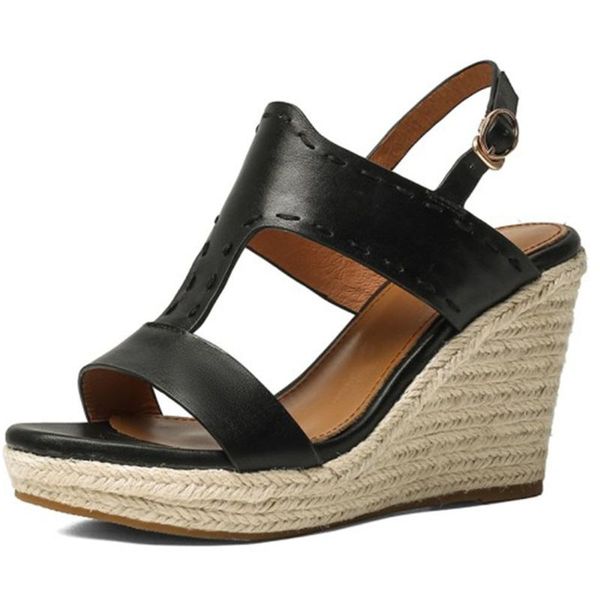 

sandals lapolaka brand wedges heels comfy walking straw genuine leather natural skin summer retro shoes women, Black