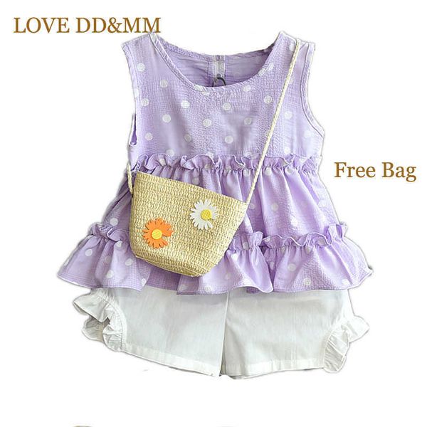 

love dd&mm girls sets summer kids clothes printed flower bow sleeveless t-shirts and shorts suit bag 210715, White