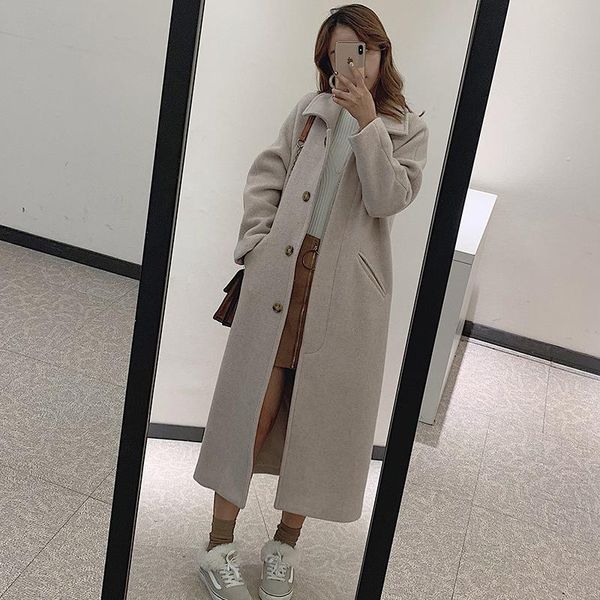 

women's wool & blends [ewq] 2021 winter korea woolen overcoat middle long single breasted sleeve outwear female trend 16e3223, Black