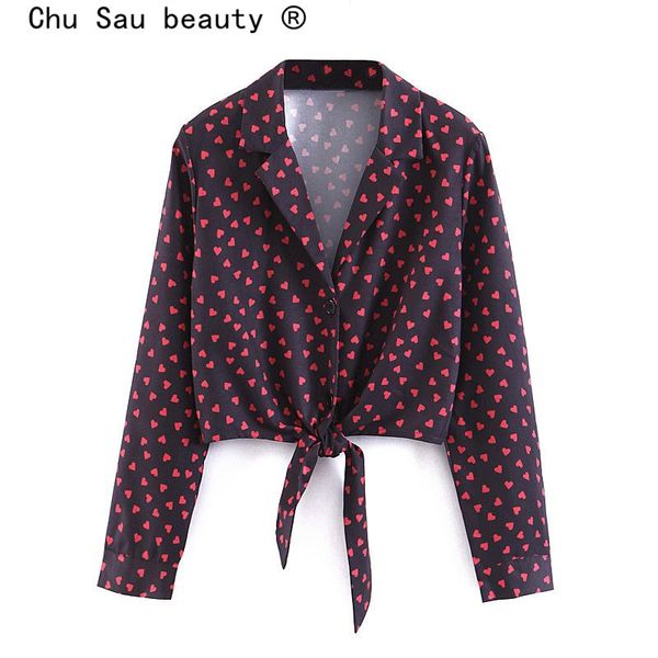 

chu sau beauty boho peach heart printed crop women french style button long sleeve bow blouses vestidos de mode women's & shirts, White