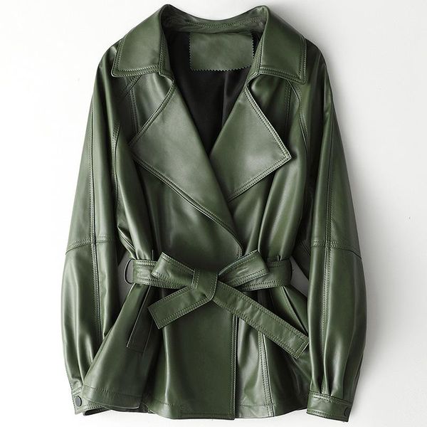 

women's leather & faux autumn fashion turn down collar jacket for women ladies 100% sheepskin slim coat with belt green blue color, Black