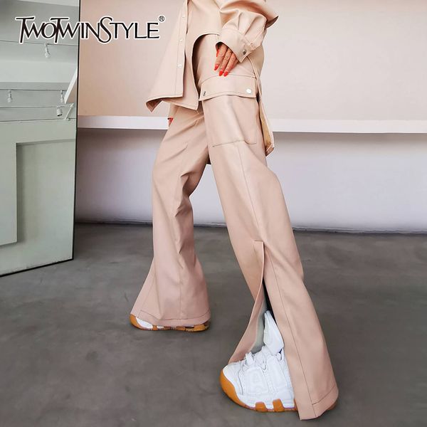 

twotwinstyle bottom split wide leg pants for women high waist pocket straight casual loose pu leather trouser female fashion 210517, Black;white