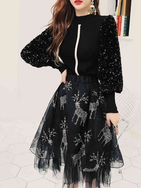 

skirt est fashion sweater autumn winter 2 piece set women sequined deco knitted pullovers+ball gown skirt sets suit club, White