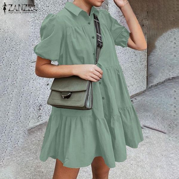 

casual dresses zanzea fashion summer women mini solid buttons vestidos lapel neck puff sleeve ruffle sundress short shirt dress, Black;gray