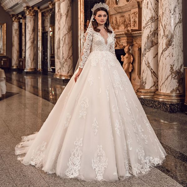 Rincess Lace Church Wedding Dress 2022 Longo Manga Apliques Turquia Uma Linha Nupcial Vestidos Comprimento do Assoalho Tule Country Bride Vestido Noiva Robe de Mariée 2021